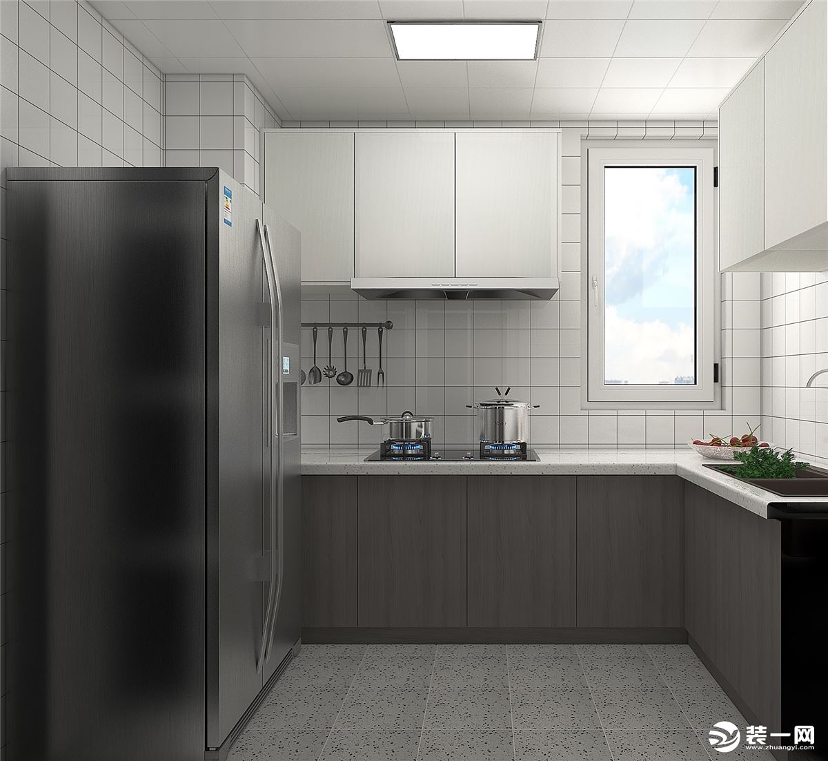 地柜采用阿拉斯加橡木和吊柜采用雪松白，由于厨房空间采光不太好，所以白色方格砖，使整体空间明亮通透。
