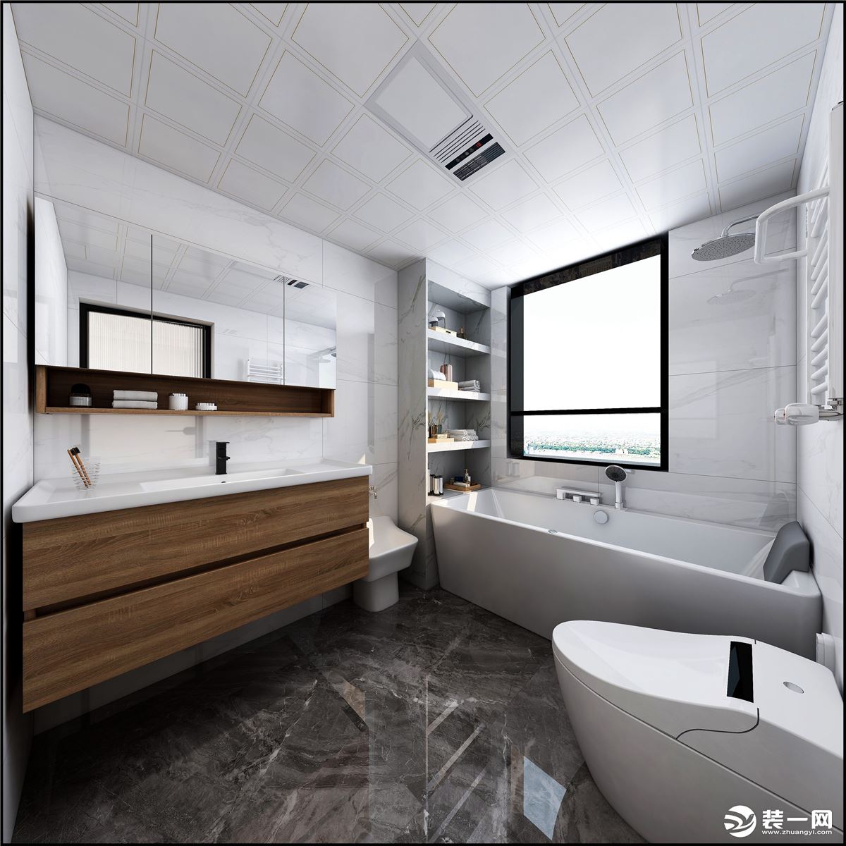 卫生间墙面采用白色大理石纹墙面砖，质感十足，也充分保证卫生间的光线，浴室柜原木色柜体温馨自然。