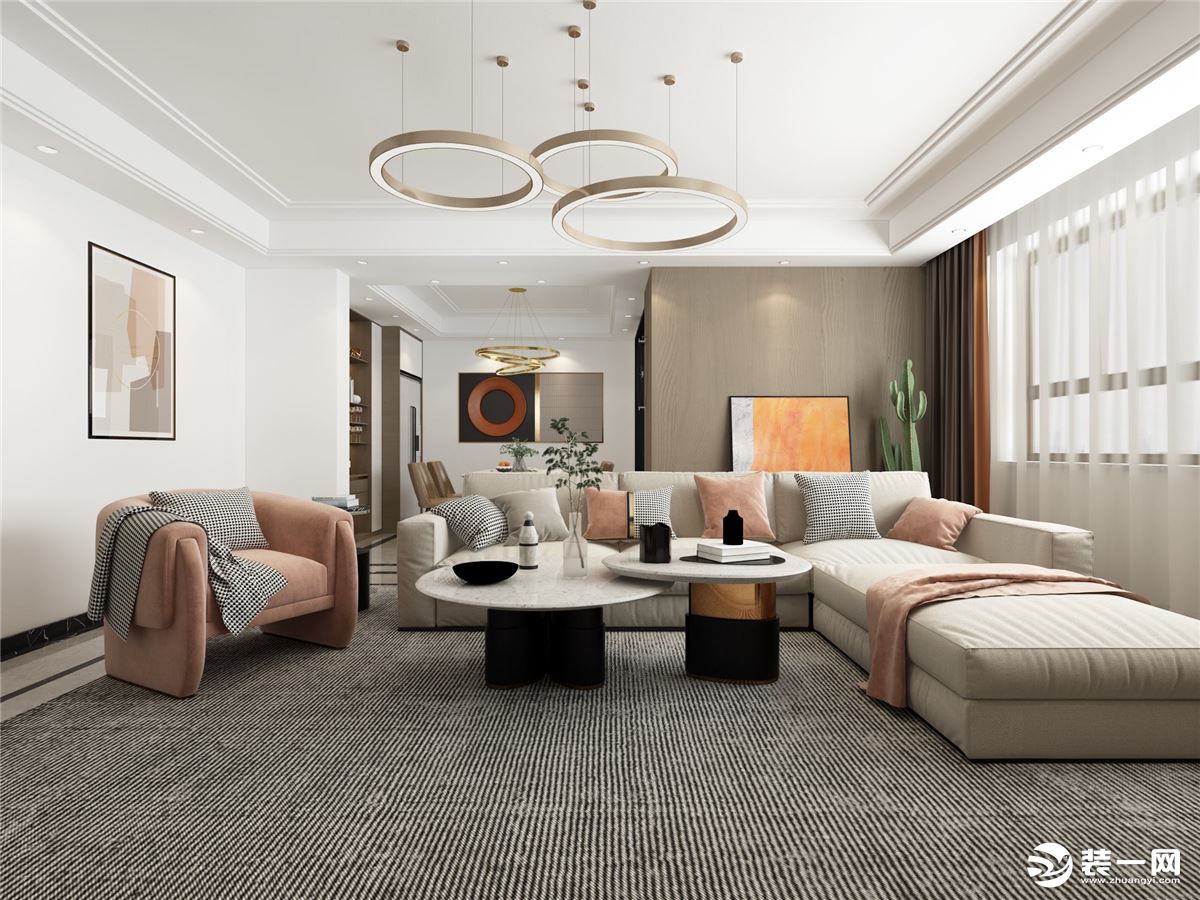 沙发背景墙整体造型不多，采用撞色的处理，射灯结合吊灯的设计增加空间层次感。