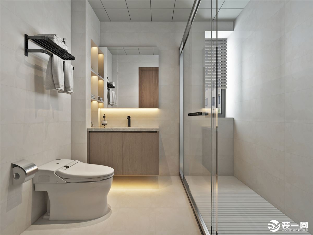 卫生间浴室镜旁边壁龛的灯带设计时尚，干湿分离的设计方便平时的居家生活