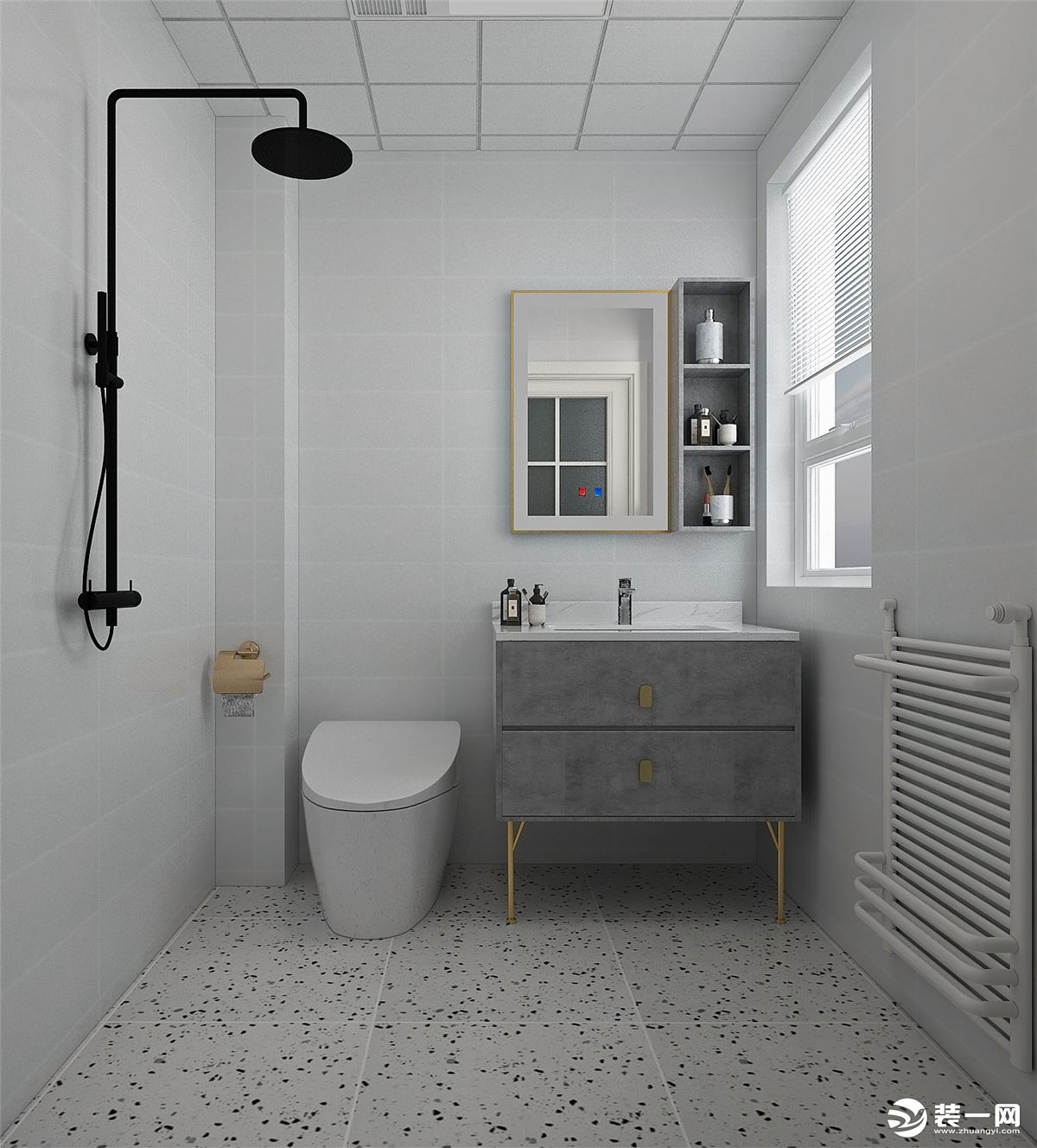 灰色墙砖突显出了整个空间的高级感，浴室柜上水泥木纹图案搭配金属元素，突显出高级的轻奢感。