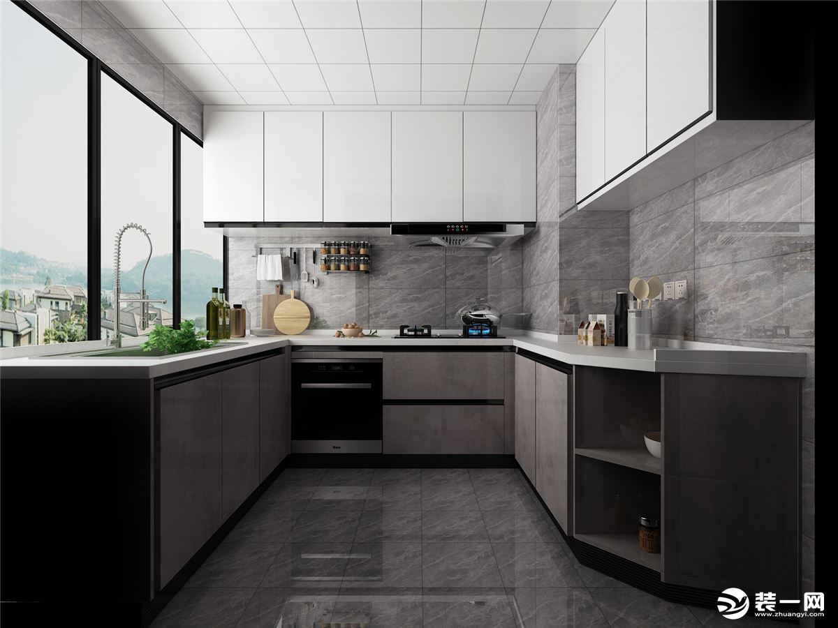 厨房主要运用黑白灰色调，干净的墙砖，搭配深色地柜，白色吊柜，让整个空间，现代感更强。