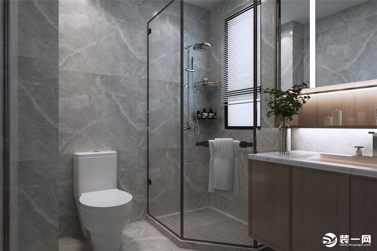 卫生间灰色瓷砖让整个空间充满了神秘感与层次感，淋浴房的设计让洗澡更加便利放心，整个空间让人舒适。