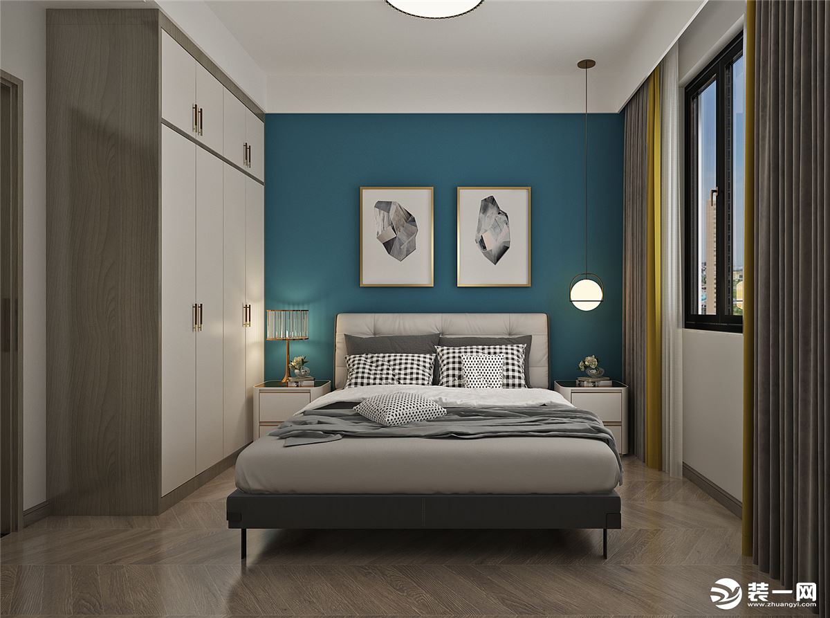 床头背景墙进行了跳色的设计，蓝色乳胶漆与互补色黄色窗帘拼色进行搭配，长时间居住也不会产生视觉疲劳。