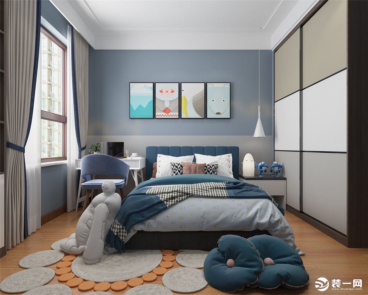 以蓝色为基调，整体室内造型并没有很繁琐，反而运用简单的色彩与家具材质的选择来衬托出整体室内的视觉感受
