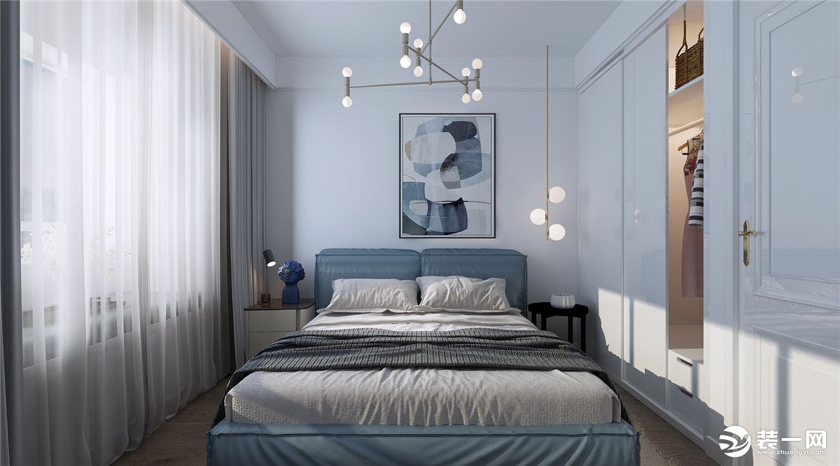 卧室整体白色调，简约的挂画，干净的搭配，衣柜增加储物，给人一种安静的氛围。