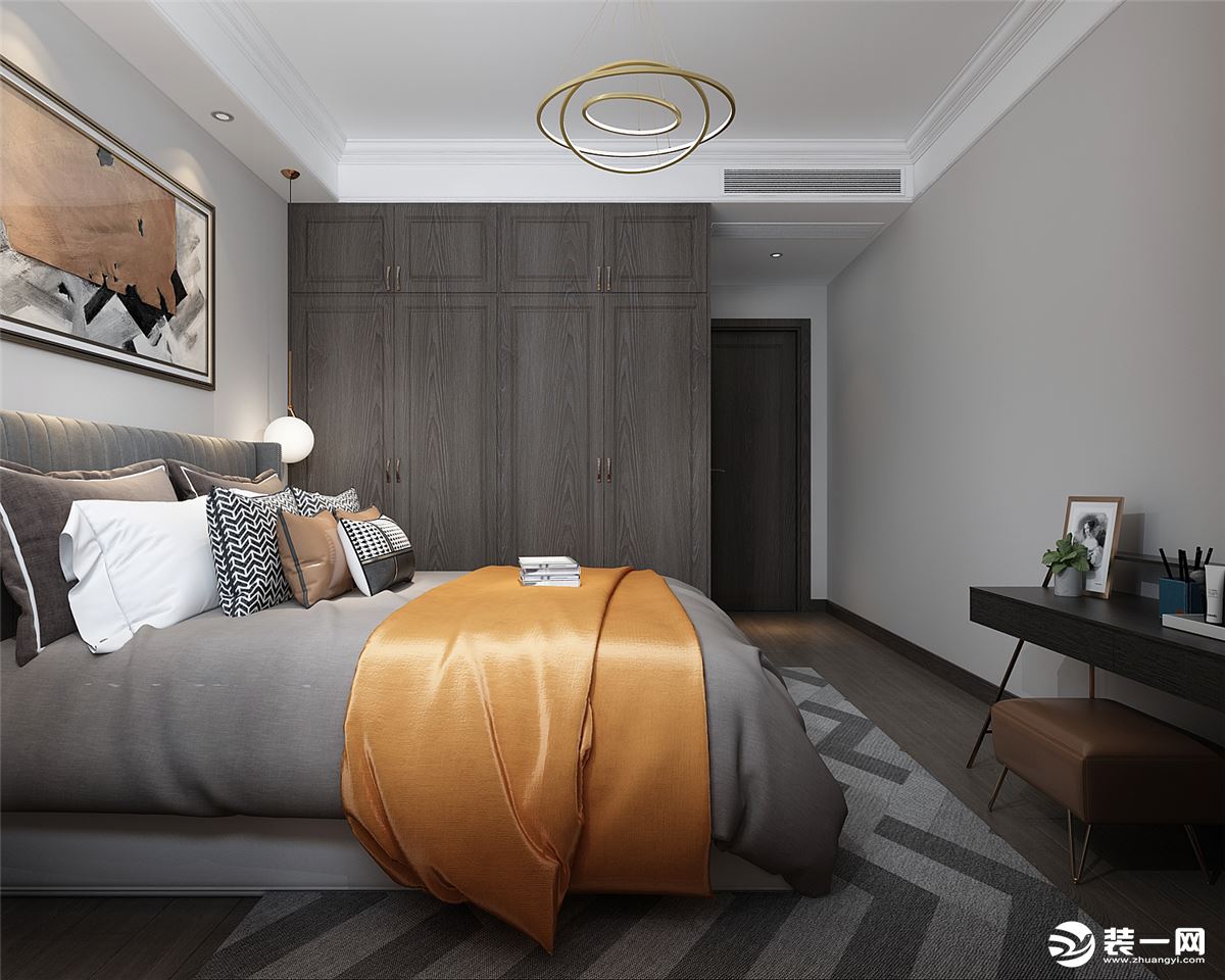 卧室主要以浅咖色和灰色为主，和整个色调相呼应，也是休息的最佳场所。