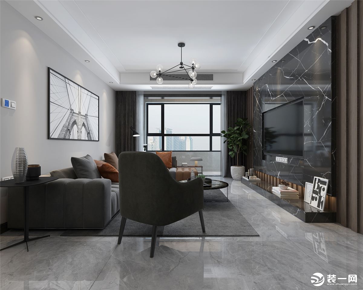 客厅空间整体灰色调，黑与白的搭配让空间显得干净、大方。