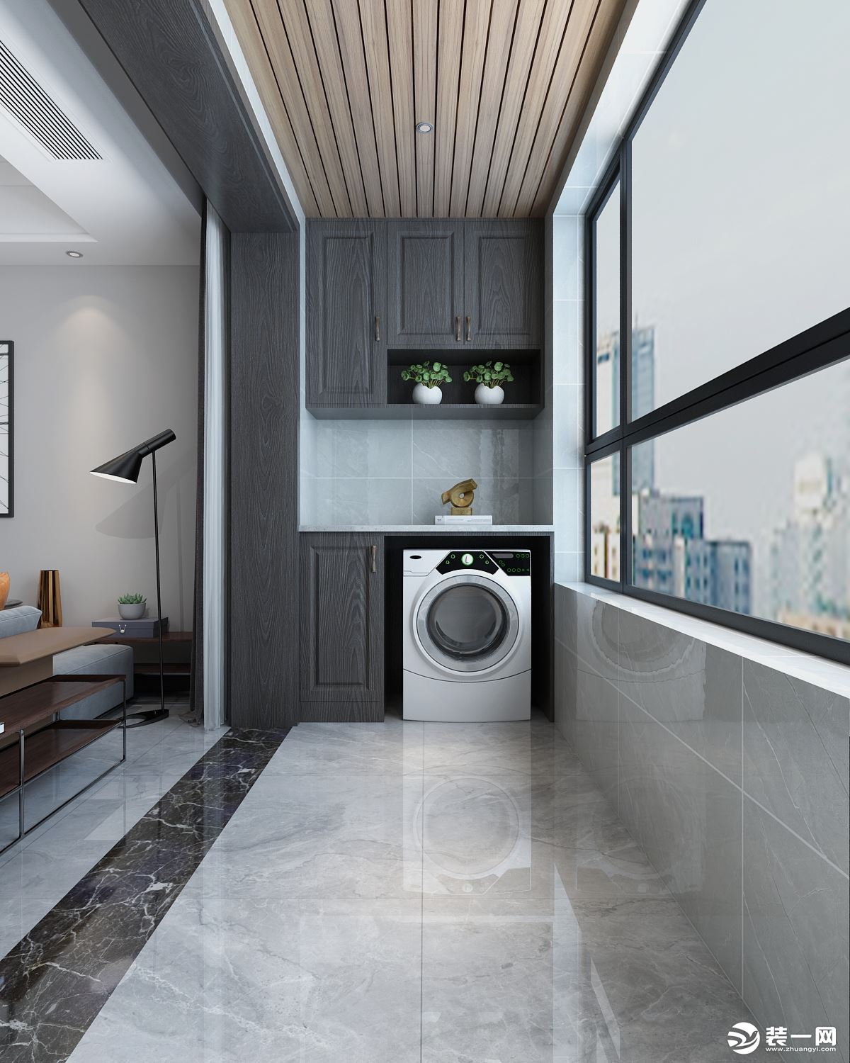 阳台放置的洗衣机，旁边柜子的设计增加了储物空间。