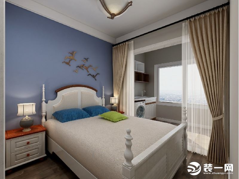 床头背景墙采用蓝紫色的造型，给空间增加一丝安静、神秘的氛围，阳台洗衣机的放置也方便平时的居家生活。