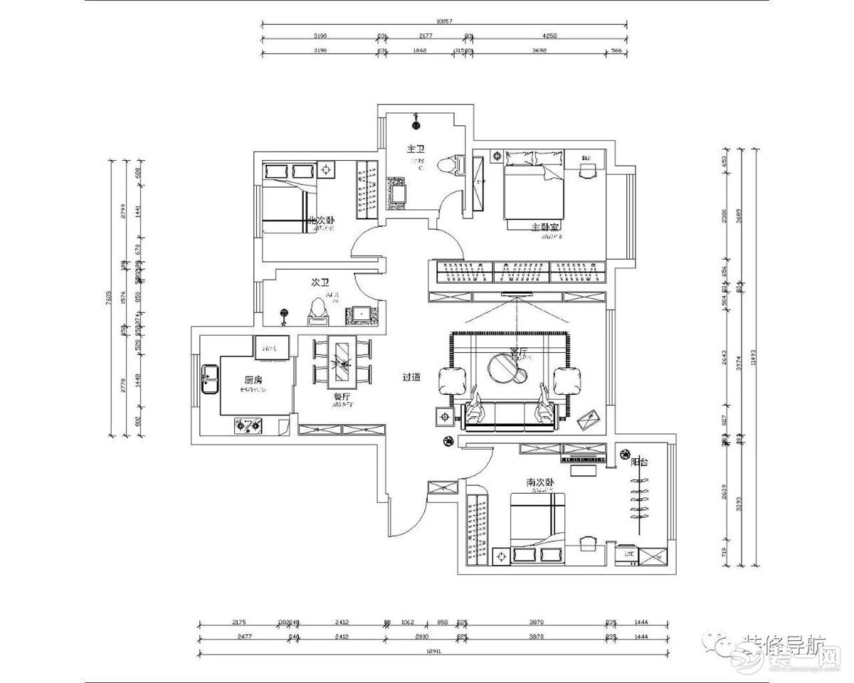 3室2衛兩廳的平面戶型方案