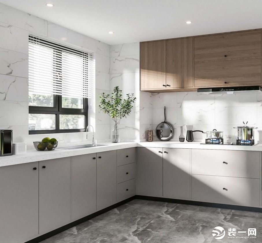 廚房依據空間結構布局，設計為L型布局，運用灰調達到現代時尚的空間氣質，干凈的線條帶給人清爽舒適的感覺