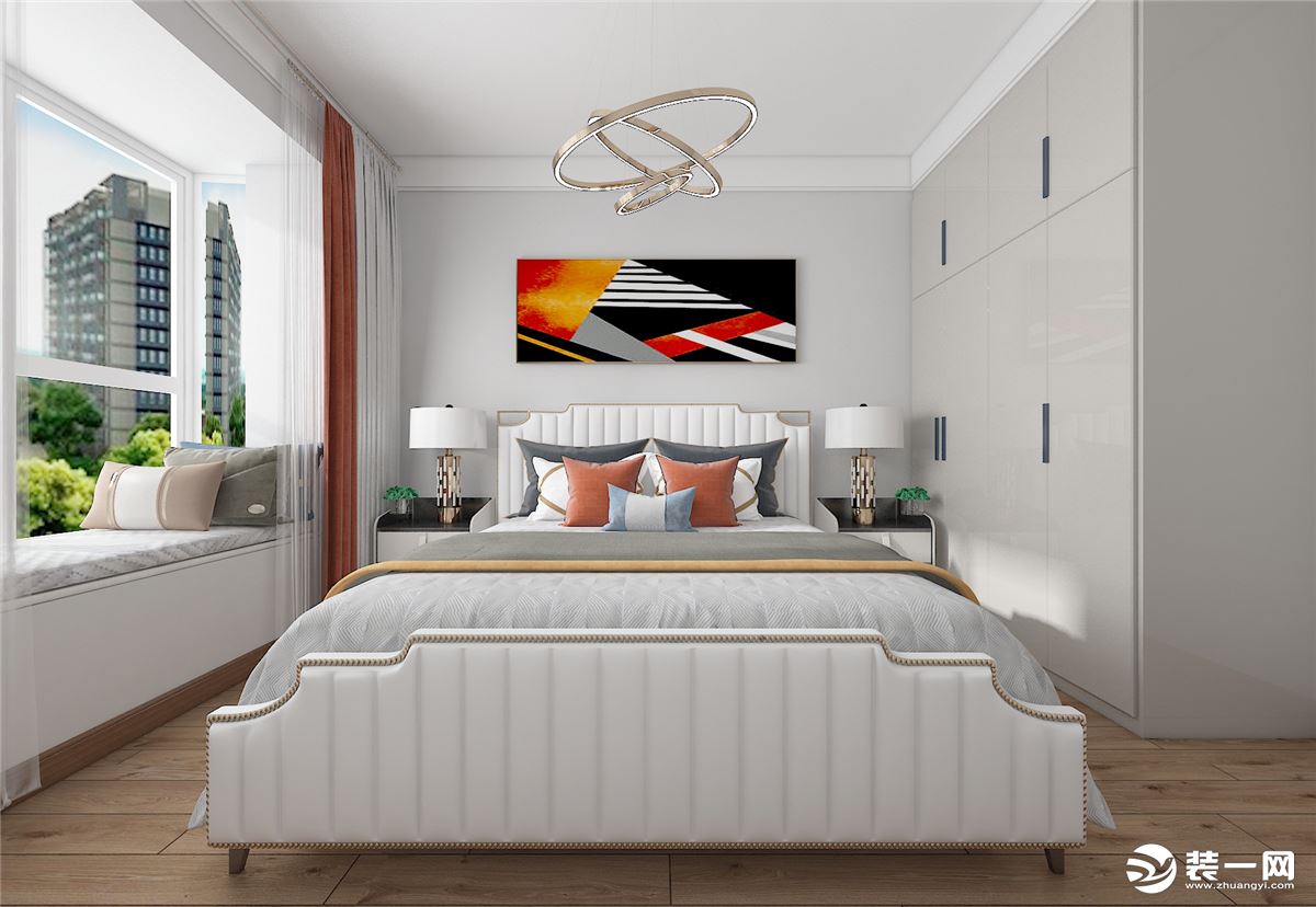 以現代雅致為基調，巧妙糅合空間與家具，橙色搭配純凈白，都市映象亦由抽象畫作裝飾詮釋。