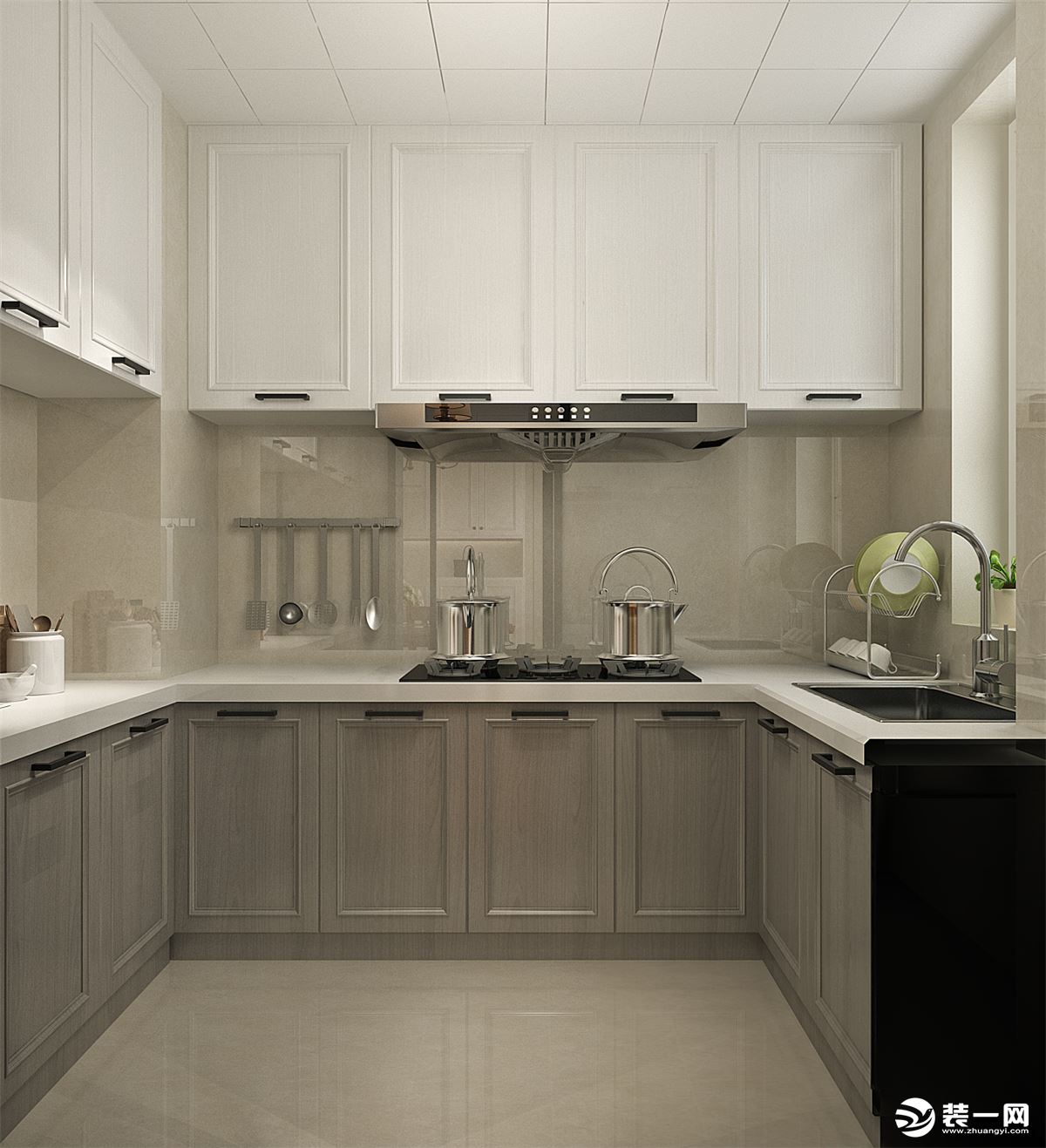厨房采用U字型的设计，吊柜偏白，地柜偏灰，区分两个区域，也营造一种浪漫的感觉。