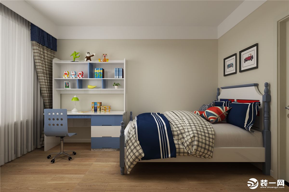 卧室活泼自由的蓝色最适合孩子的空间，同时低调的豆黄地板搭配也不会让蓝色太过跳脱。