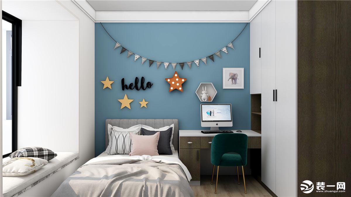 儿童房选择了浅蓝色为床头背景墙的面漆颜色，整体气氛轻松活跃。给孩子打造了一个轻松地居住和学习环境。