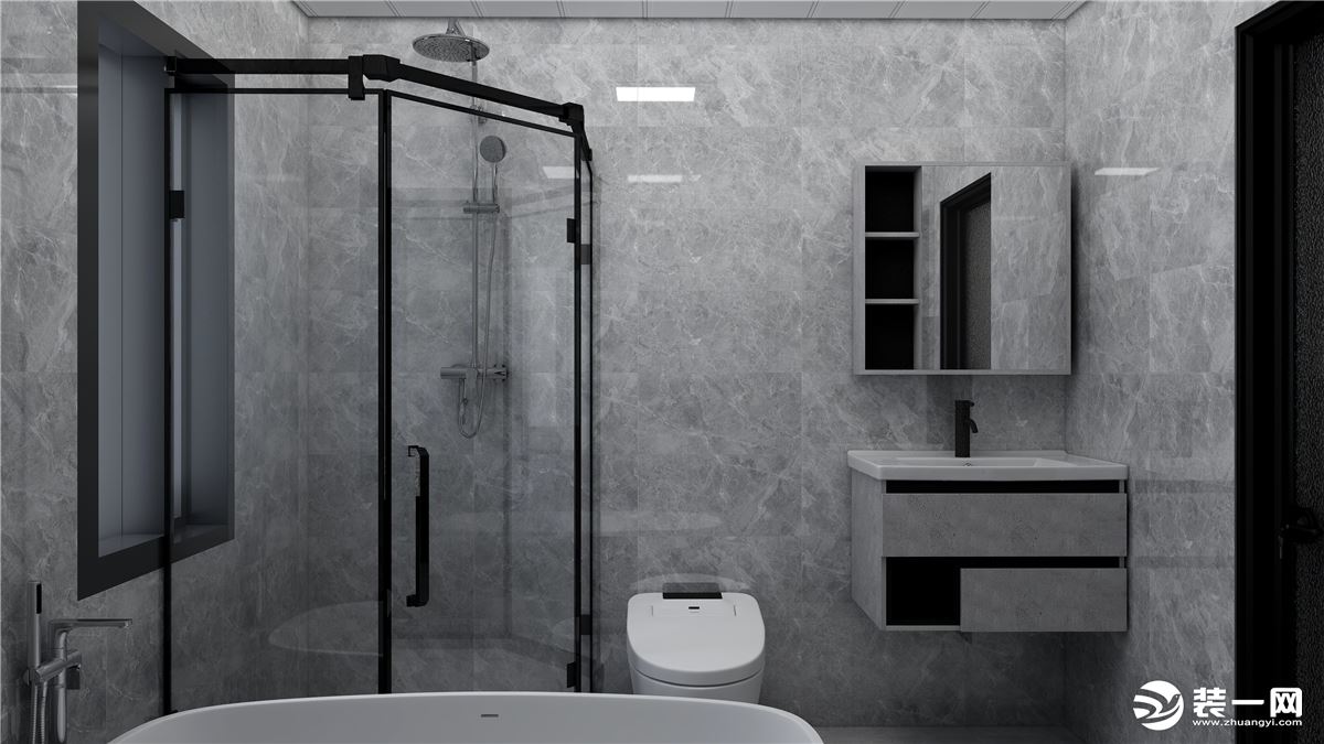客卫采用的是干湿分离，将浴室柜分离出来做干区，这样就能更大程度保证卫生间的使用率。