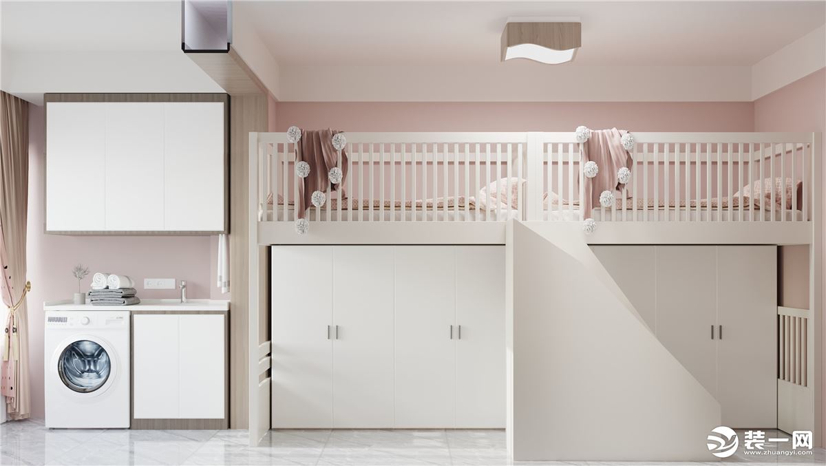 儿童房整体风格以粉色为主，下面的定制柜子，上面是休息的场所，整体利用了空间，也方便居家生活。