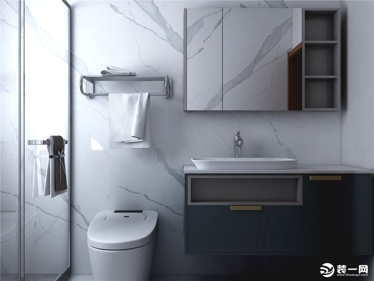 卫生间采用浅色调，智能马桶的设计方便平时的居家生活，洗手台的重色调凸显格调感。