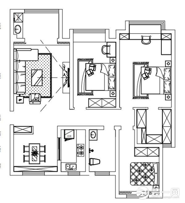 三室两厅二卫一厨的平面户型方案