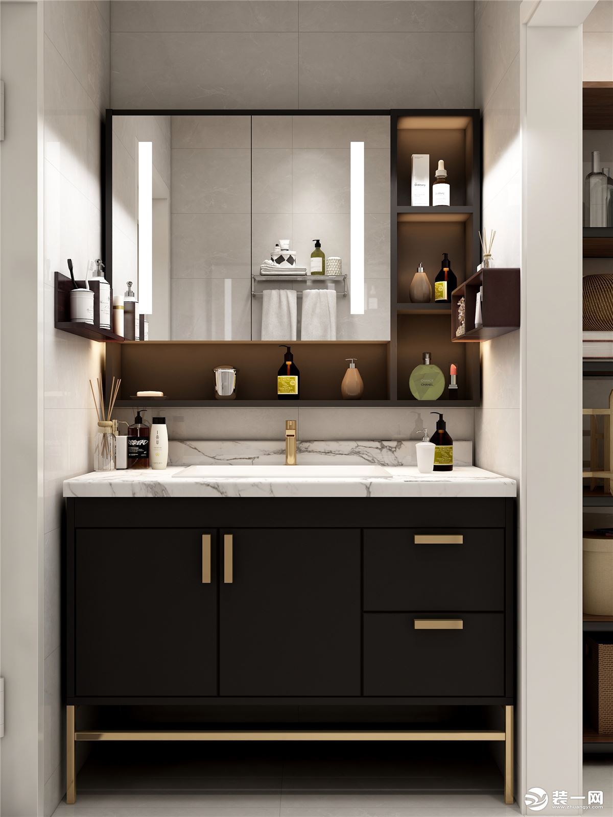 洗手台设计在外面，合理利用空间，搭配黑色柜体，加上灯带的点缀，氛围变的柔和、时尚。