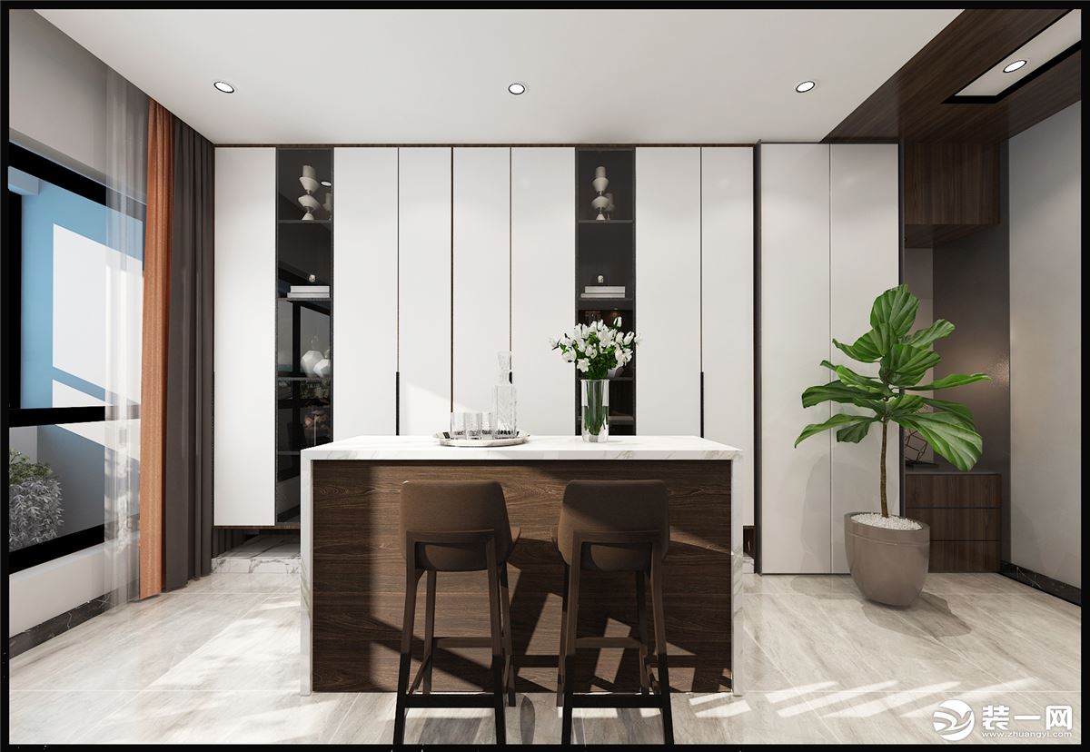 沙发背景处设置吧台，搭配酒柜与鞋柜一体化设计，最大化利用空间，增加空间储物能力。