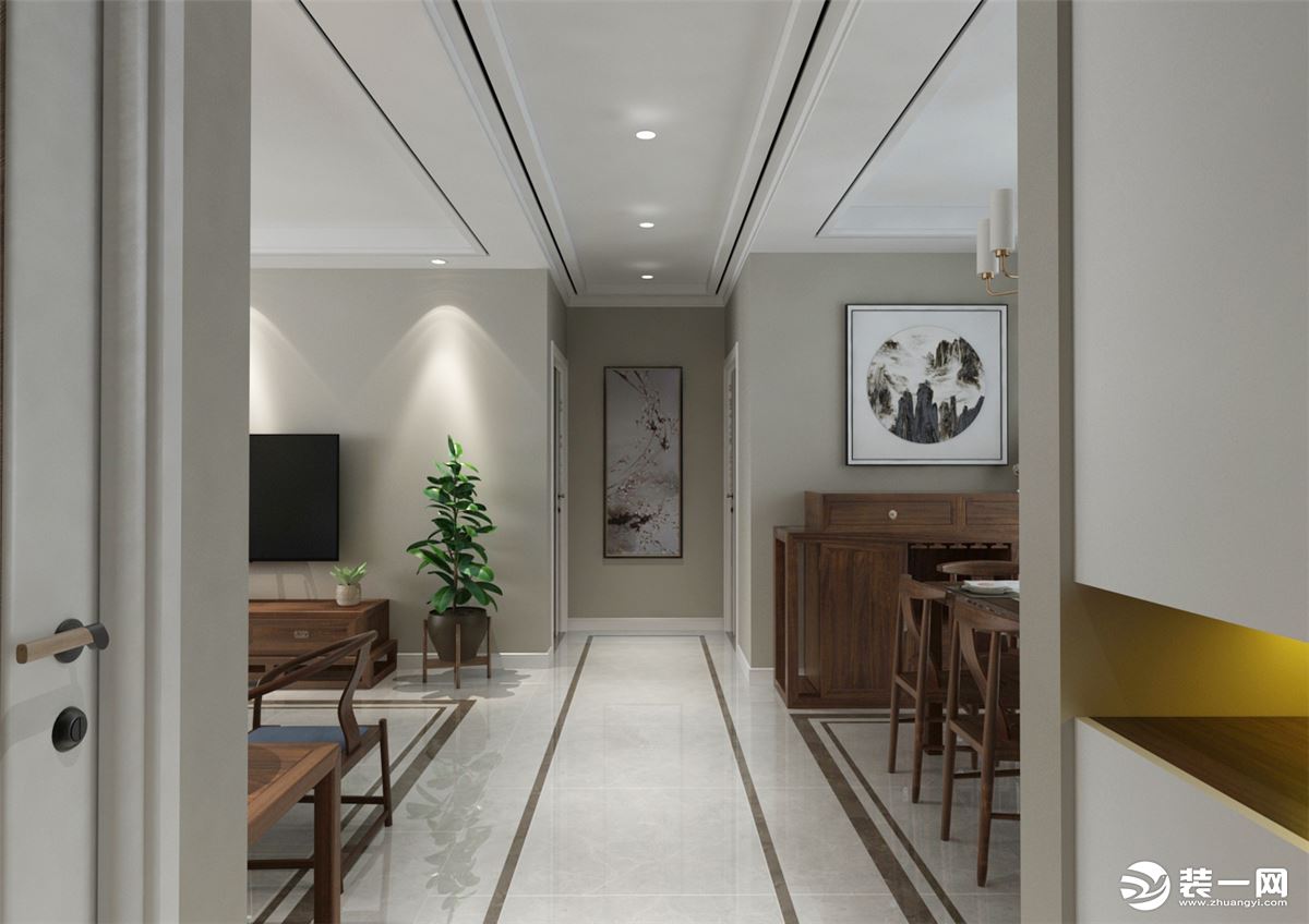 走廊空间以咖色串边的设计，体现房间精致感。走廊尽头以装饰画作为装饰。