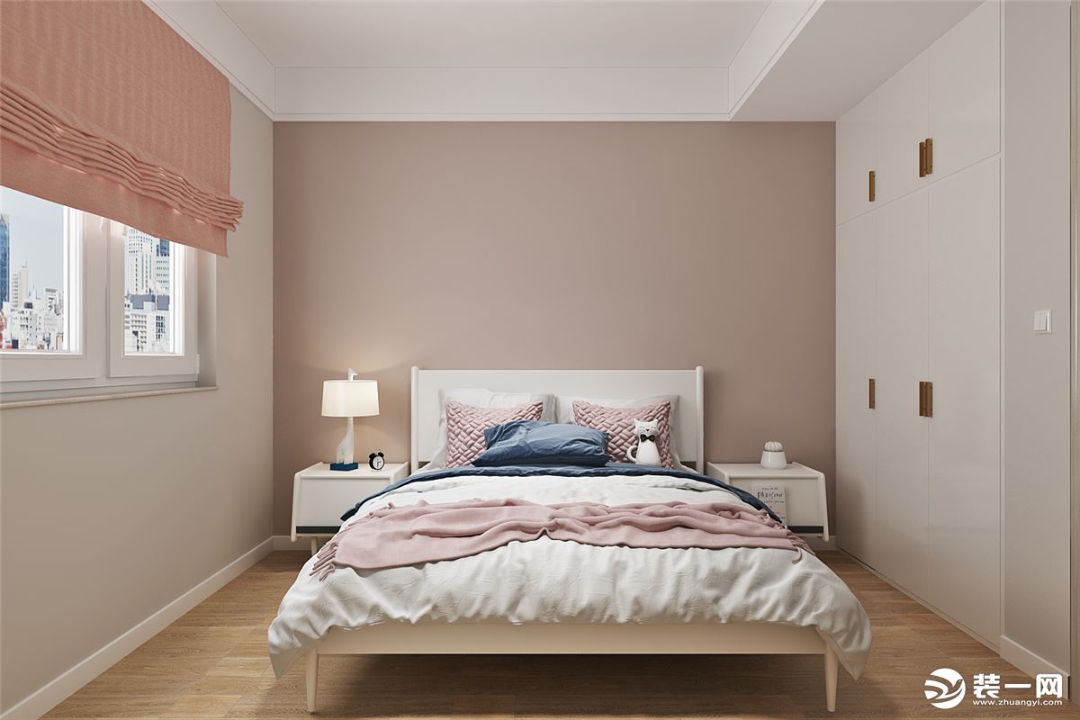 儿童房床头背景墙设计脏粉色乳胶漆，搭配白色床体，干净明亮中透露着一点清新。