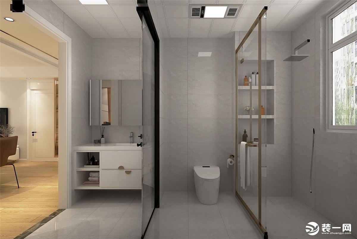 卫生间浅灰色墙砖，彰显出高级的生活品质，白色浴室柜与金色不锈钢的搭配，轻奢感十足。