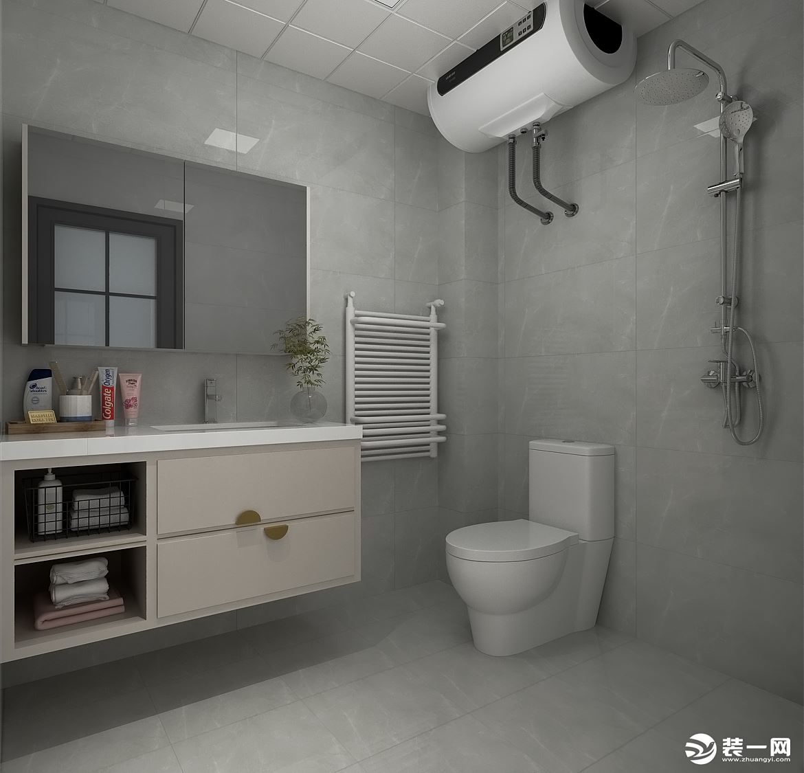 卫生间灰色墙砖突显出了整个空间的高级感，浴室柜上的乳白色木纹搭配金属元素，突显出高级的轻奢感。 