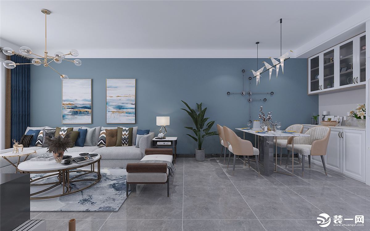 客厅作为家居生活的核心区域，是整个家庭装修的重点，沙发背景墙大面积使用雾霾蓝更显气质高贵，安静纯洁。