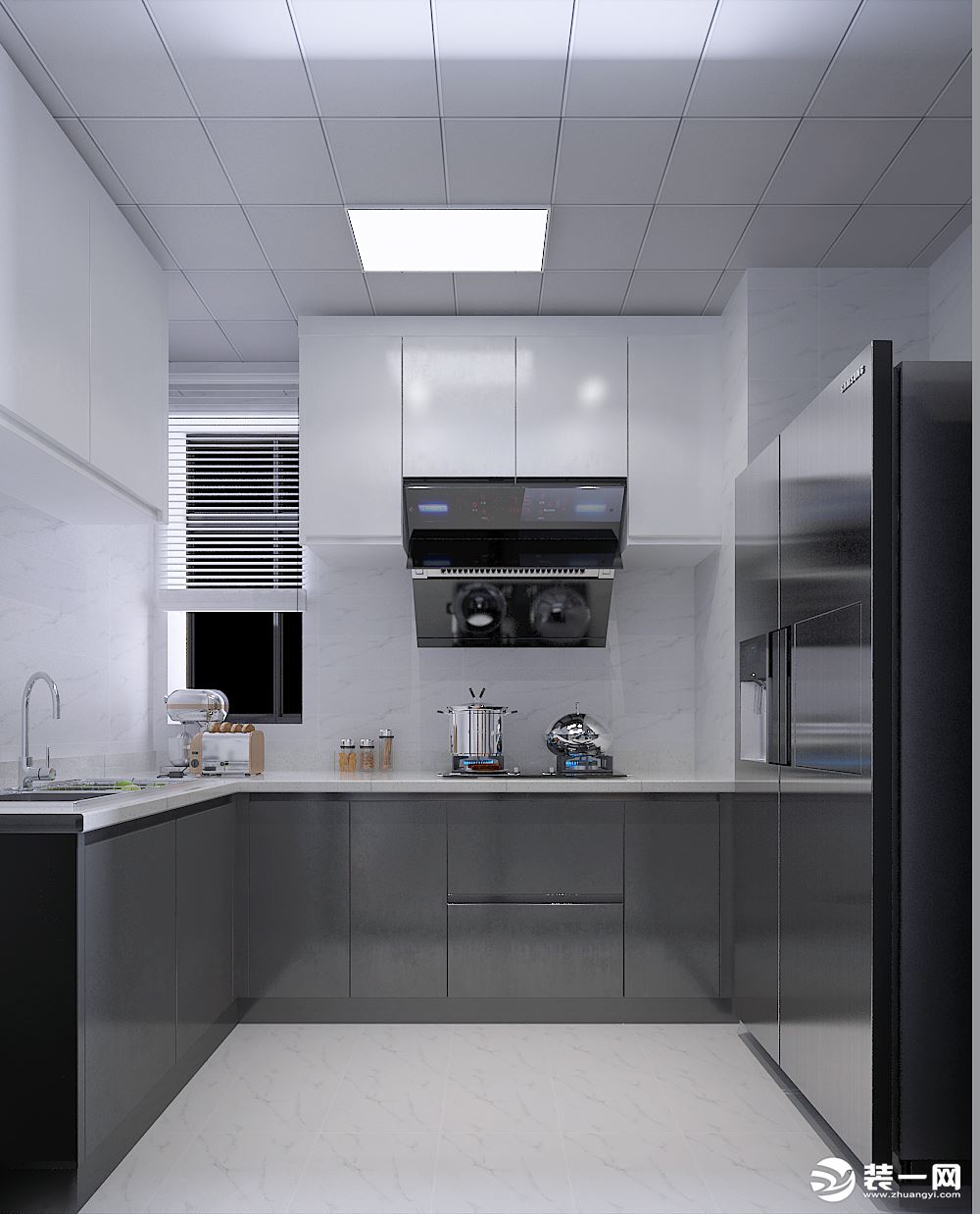 厨房设计采用小L型台面设计，使用起来更加方便，也不浪费空间，地柜和吊柜的组合也增加了储物功能。