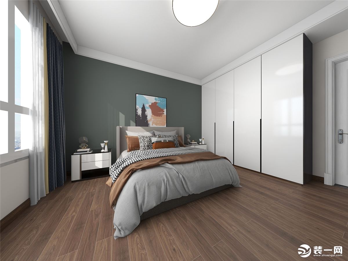 卧室的舒适度为首要考虑，简洁大气，没有做繁杂的造型，白色皮质的床、灰木色的木地板搭配沉稳大气。