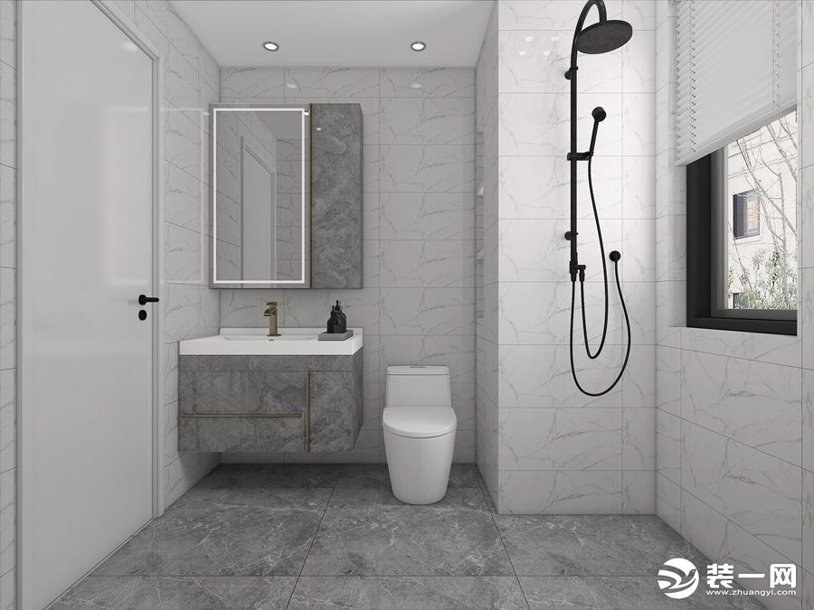 洗手间采用灰色调，岩石灰的浴室柜与空间色调一致，后期也易打扫。