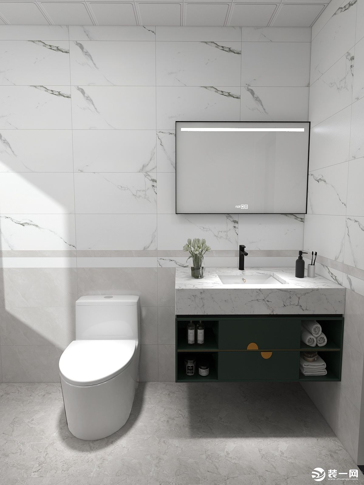 洗手间采用灰白色调，墙挂的浴室柜没有卫生死角，打扫起来也方便。智能的浴室镜，方便家居生活。