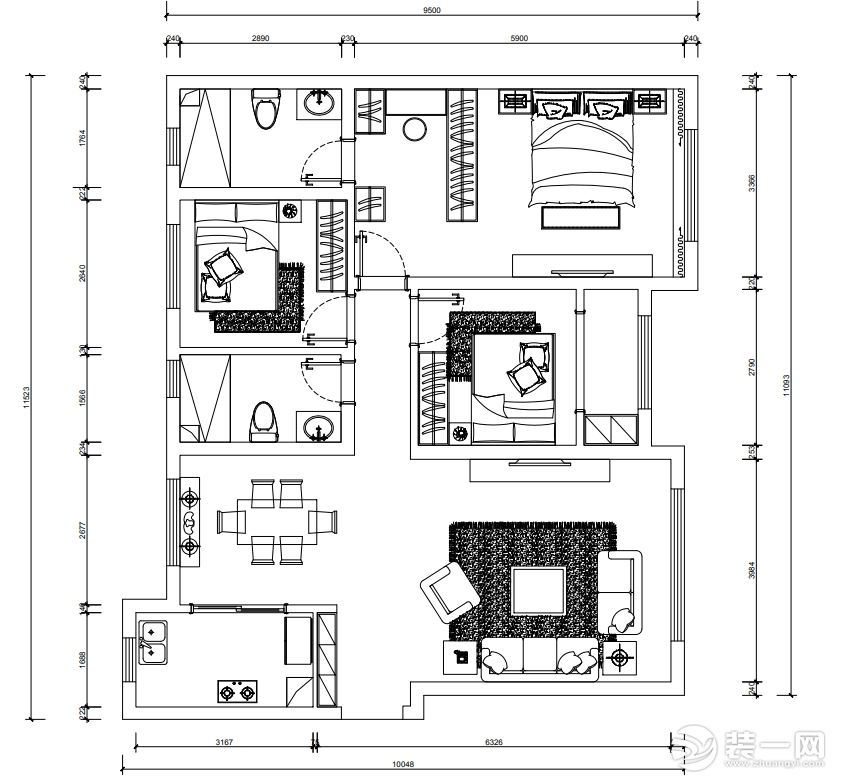 三室两厅一厨两卫的平面户型方案
