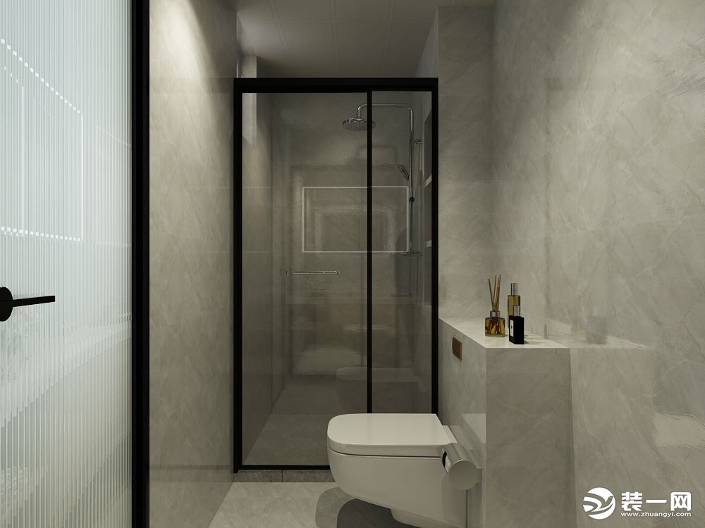 卫生间墙面采用浅色墙面砖，增加空间光泽度，也充分保证卫生间的光线，采用淋浴玻璃作为干湿分离。
