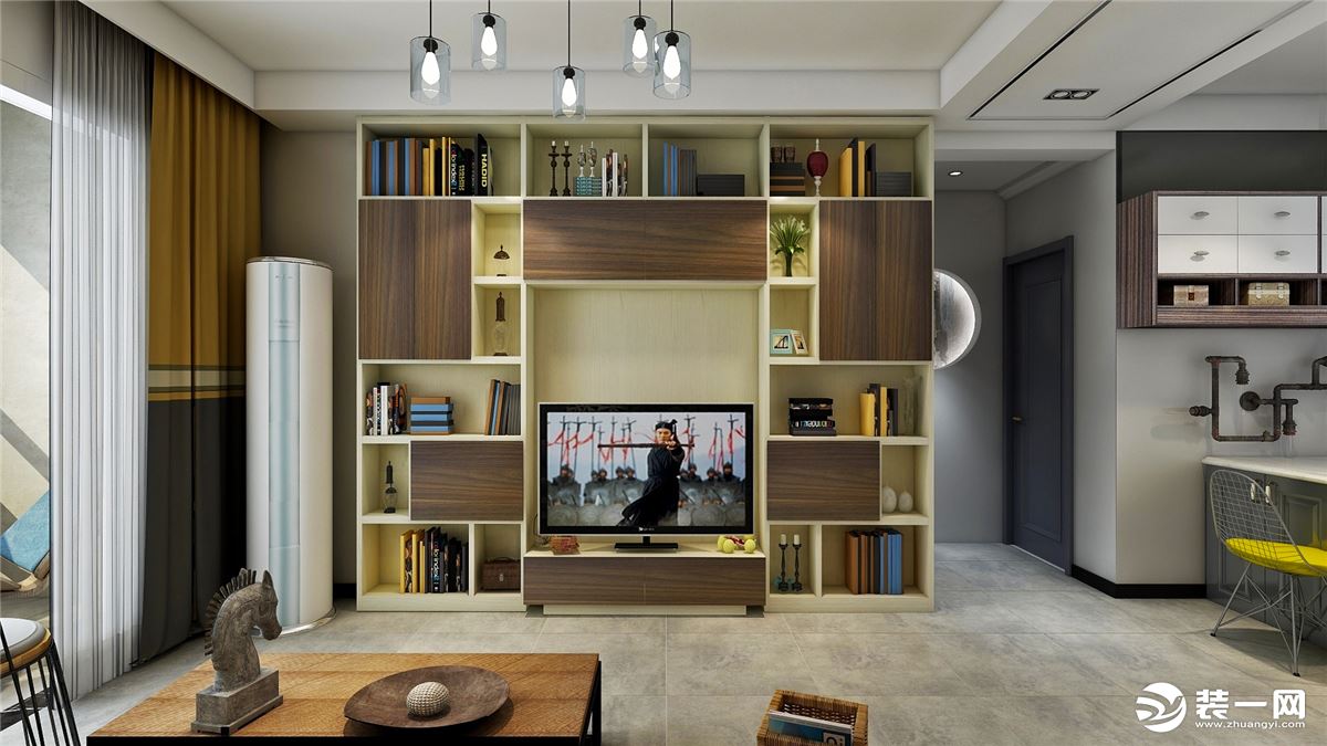 电视柜是两侧开放格的设计解决了客厅内的收纳问题。