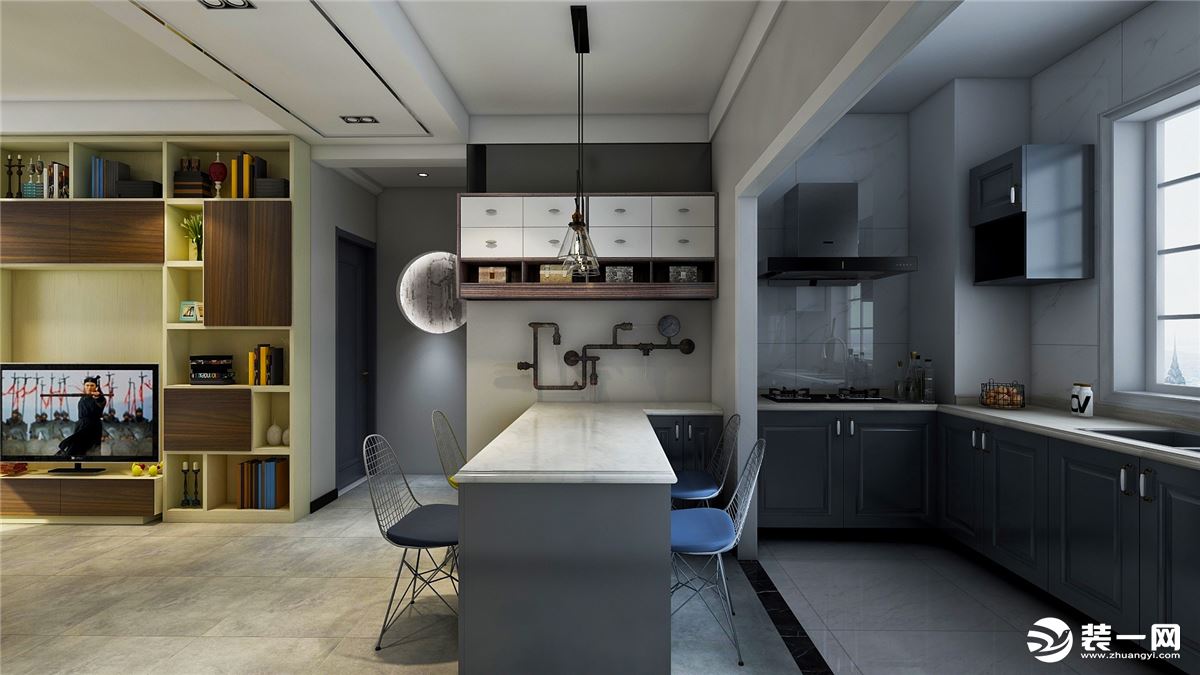 厨房和餐厅在同一区域，L型的设计最大化利用空间，雾灰色的门板区分空间区域，搭配着冷暖结合不会显得暗沉