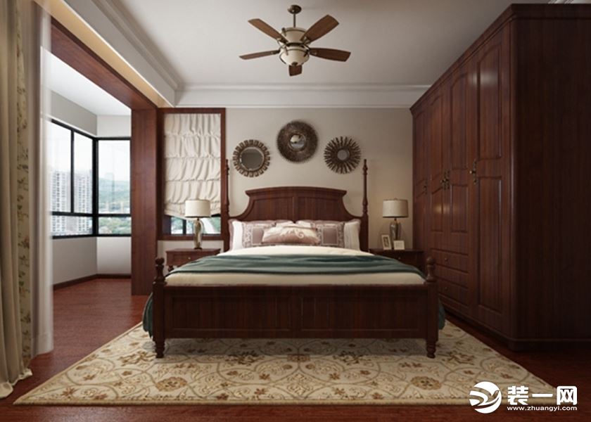 卧室作为休息的空间，舒适度为首要考虑，没有做繁杂的造型，床头背景墙搭配的圆形小挂饰，整体显得沉稳大气