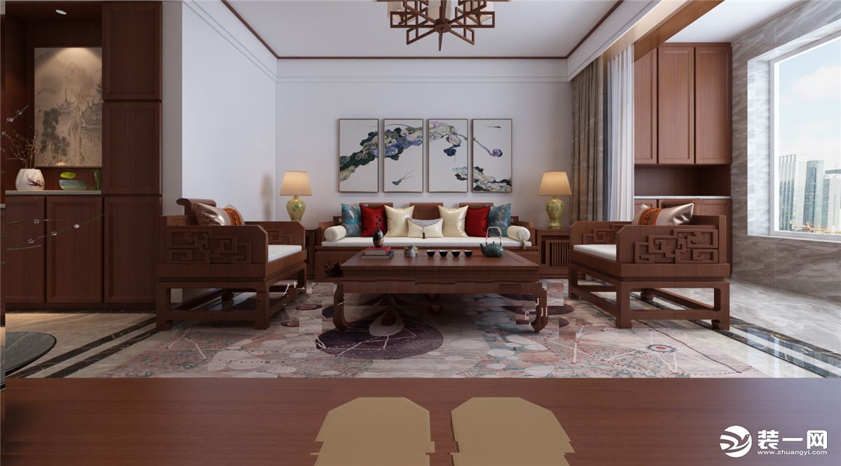 客厅简单的吊顶设计，沙发背景墙采用墨画的挂画处理手法，中式元素表现十足。