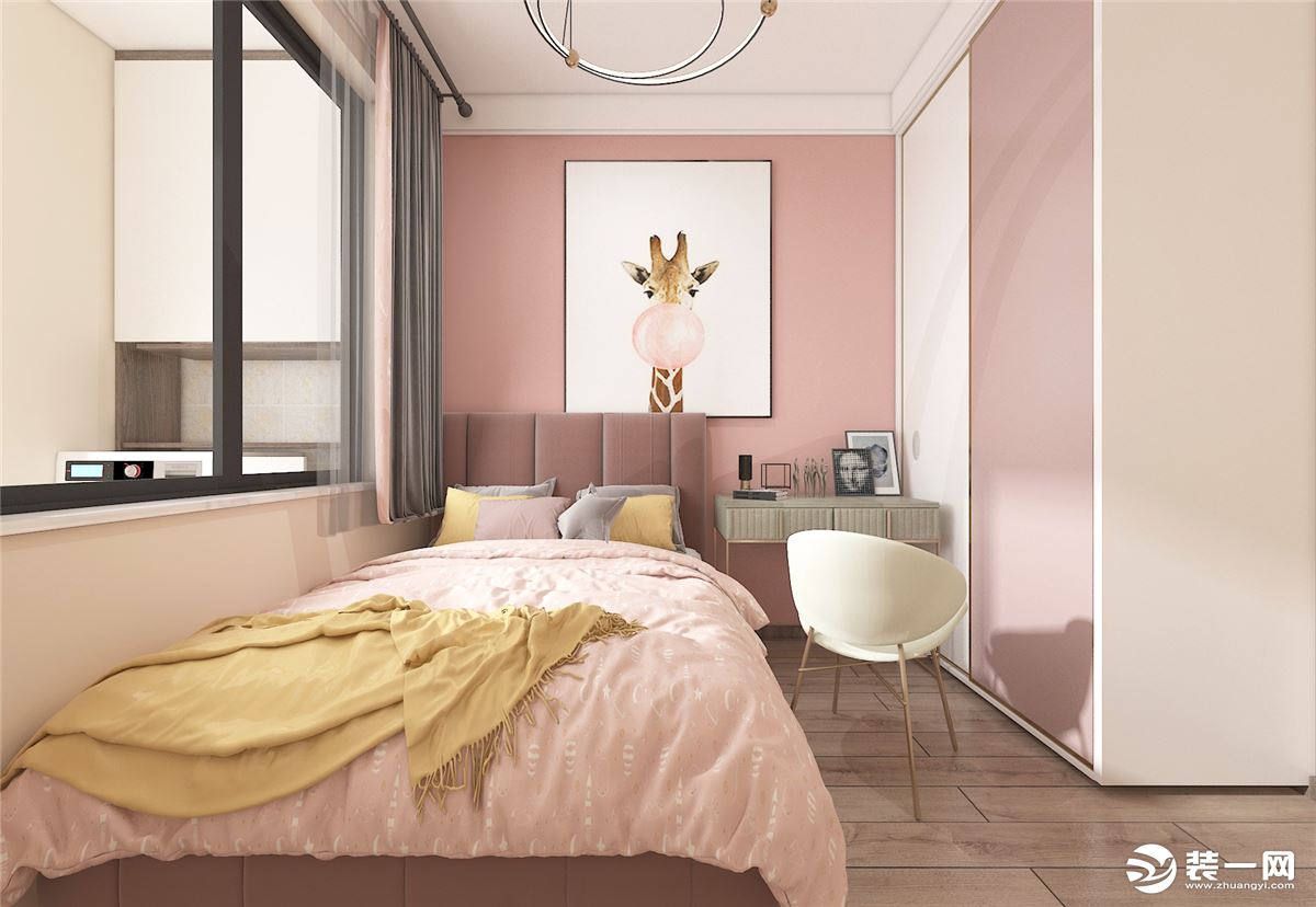 儿童房使用粉色为孩子打造纯净温馨的房间，与白色的组合，整体清爽自然。