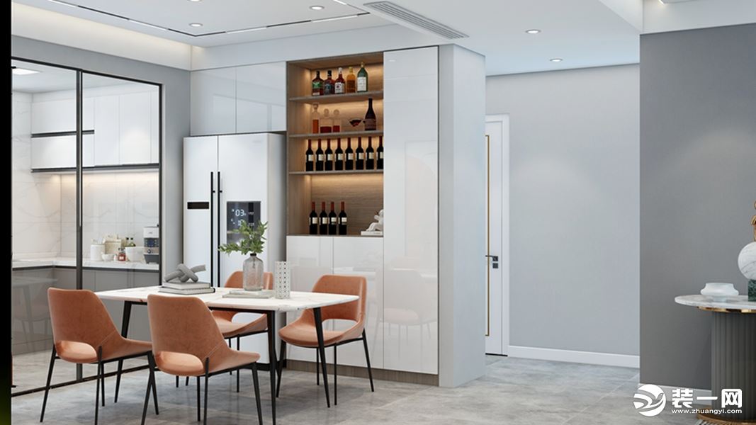 餐厅搭配的四人餐椅流朱色给空间带来一抹亮色，半开放式的餐边柜设计增加收纳，方便物品的放置。