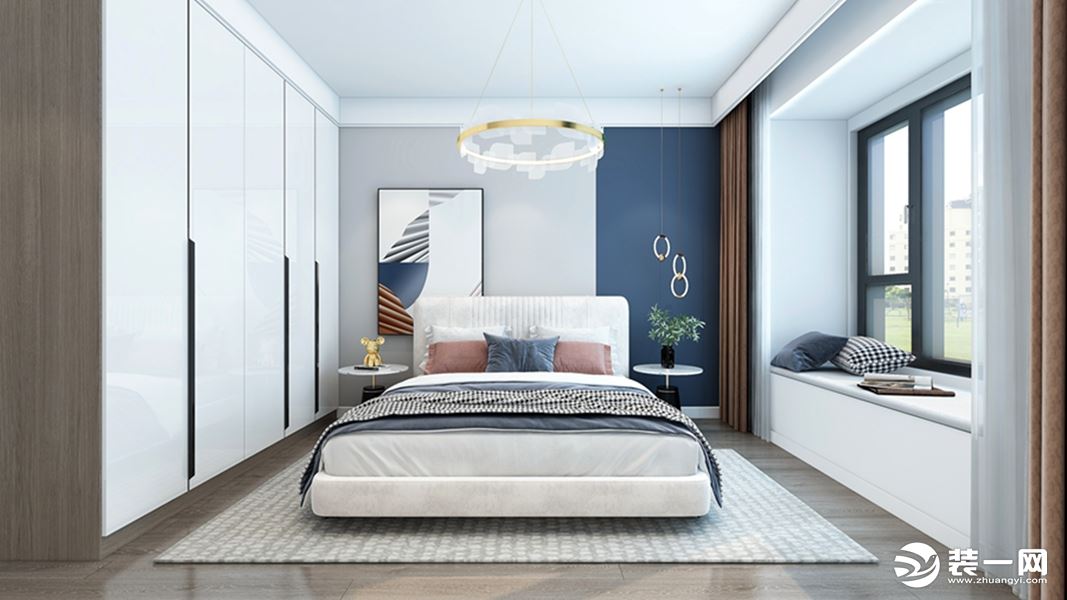 卧室背景墙采用灰色+蓝色的乳胶漆搭配让空间整体显得静谧，衣柜采用白色门板提亮空间色调，看起来不灰暗。