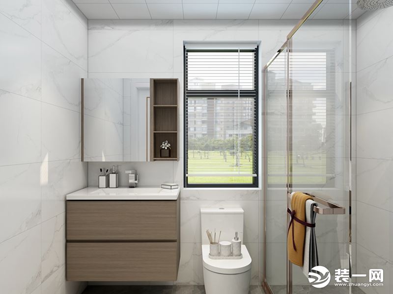 卫生间采用白色为主色调，质感十足，也充分保证卫生间的光线，干湿分离方便平时的使用。