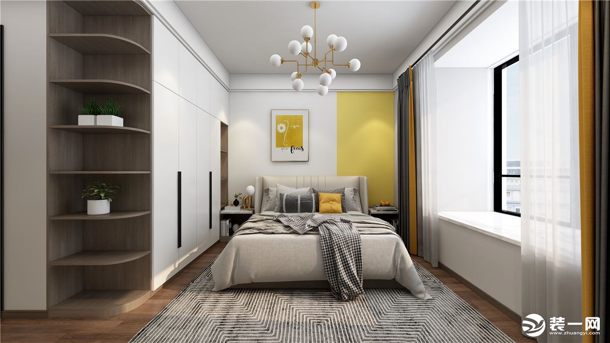 主卧以象牙白和柠檬黄代表的经典搭配，卧室床头的挂画更是能和墙面的颜色进行呼应。