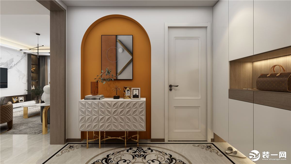 门旁放置玄关柜可以加深视野以扩展空间，让整个空间更加时尚协调效果更加丰富，绿色植物，更让家里勃勃生机