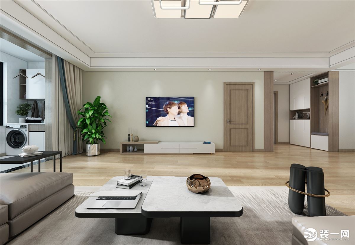 电视背景墙的空间利用色彩与材质简单纯粹，使空间气质简洁、干练。