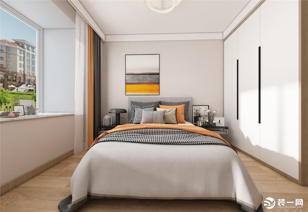北次卧整体色调以暖色系为主，搭配白色衣柜，让空间更显整洁干净，选用活跃的色彩点缀空间。