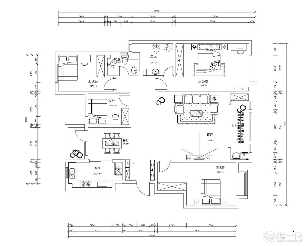 4室2卫两厅的平面户型方案